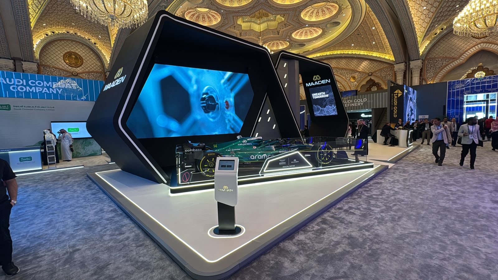 Exhibition stand with LED screens built by DMR Arabia inside a Riyadh conference centre